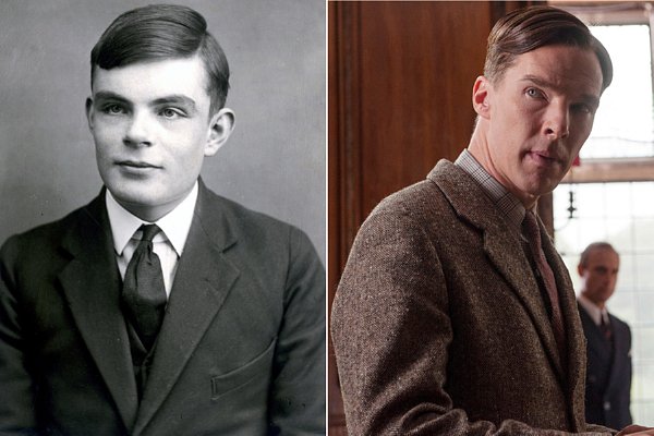 Black and White photo of codebreaker Alan Turin next to color photo of actor Benedict Cumberbatch.