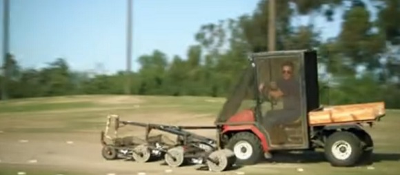 Golf ball cart vehicle driven by Allen Haff.