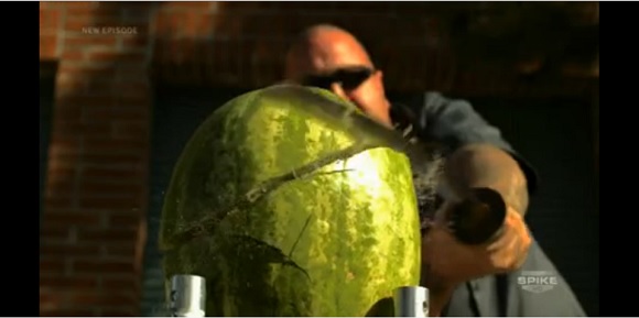 Ton chops watermelon in half with Samurai sword.