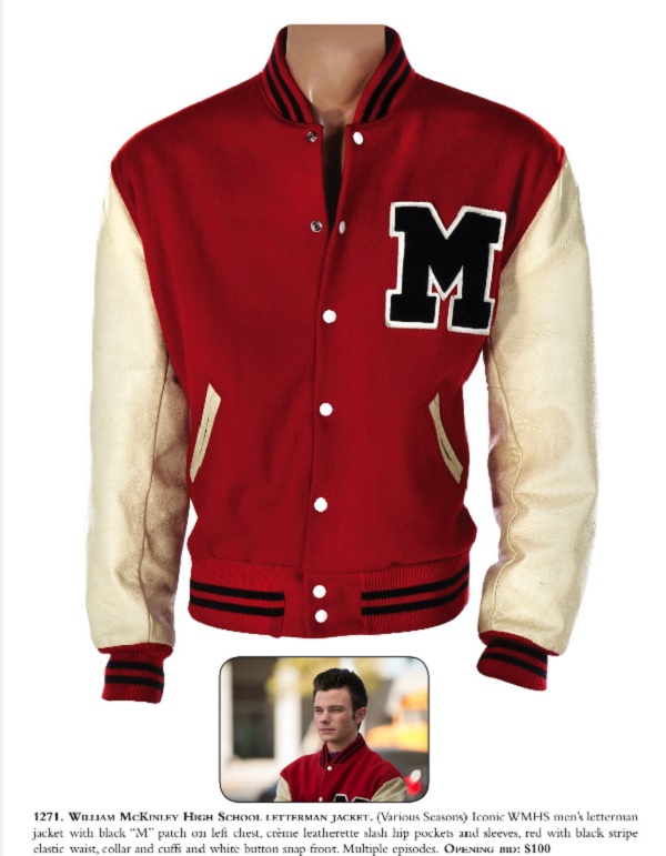 Red, black and white letterman varsity jacket sold at Glee auction.
