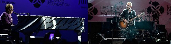 Elton John sings at piano and Bono sings with guitar at auction celebrity gala.