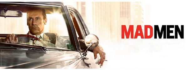 Don Draper drive Cadillac and logo image of Mad Men off to the side.