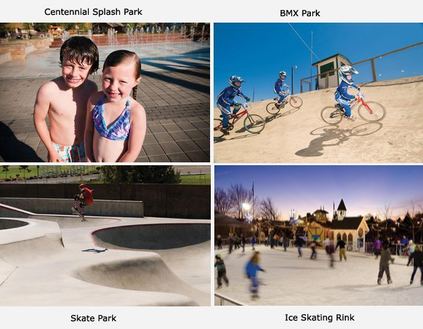 Kids on bikes, skate board, splash park and ice skating.