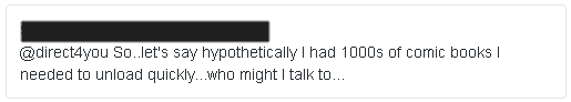 Tweet asking Jeff how to unload 1000 comic books.