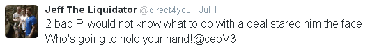Jeff tweets to Paul that he does not know how to conduct business.